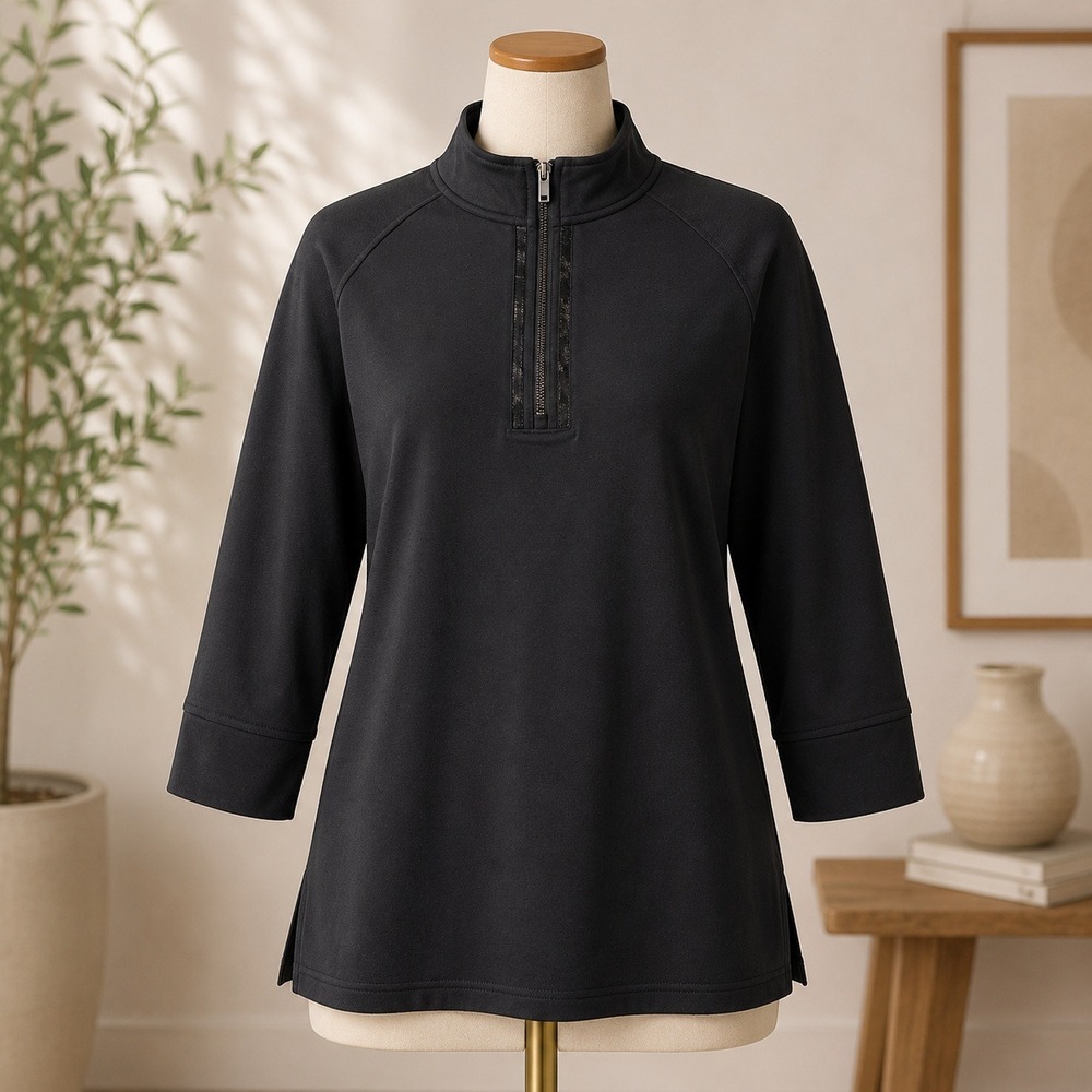 Belle Kim Gravel Quarter Zip Top Womens 3X Black Studded Mock Neck Knit Pullover